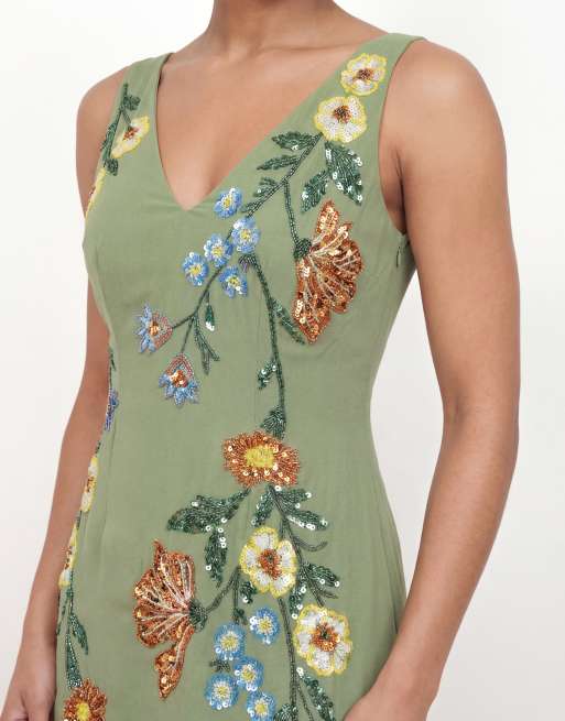 Maya Flower embellished tie back midaxi slip dress in olive sage, 2 of 4