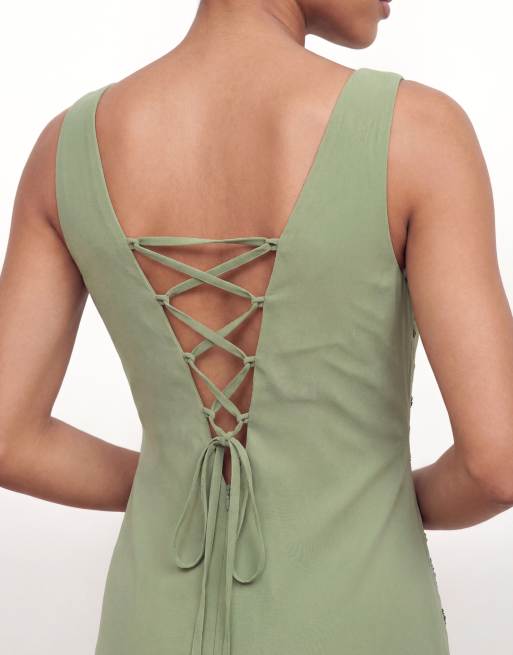 Maya Flower embellished tie back midaxi slip dress in olive sage, 4 of 4