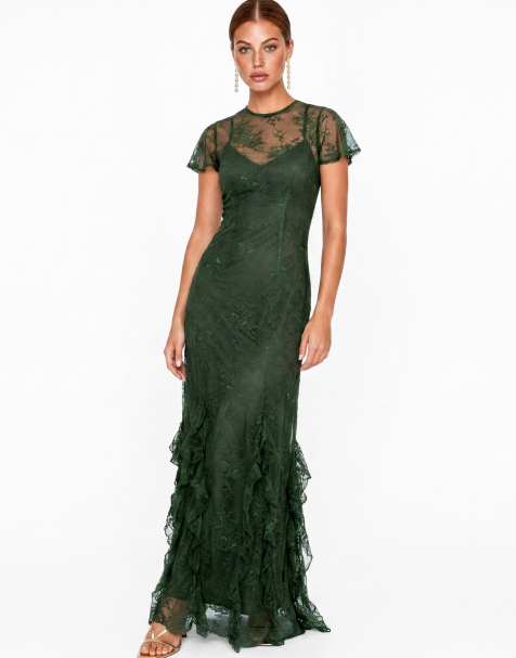 Maya Flutter sleeve ruffle lace maxi dress in forest green