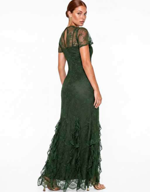 Maya Flutter sleeve ruffle lace maxi dress in forest green, 2 of 7