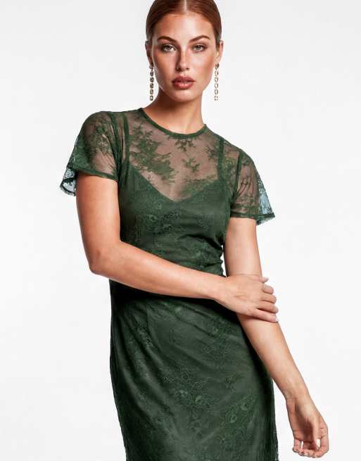 Maya Flutter sleeve ruffle lace maxi dress in forest green, 4 of 7