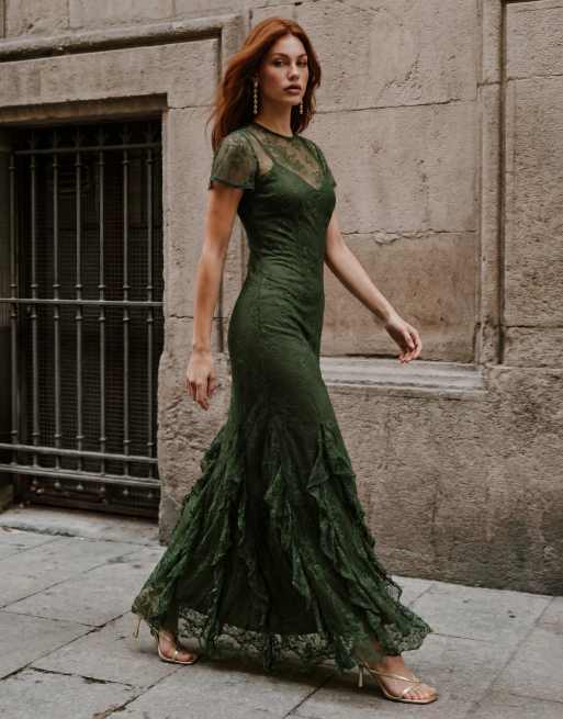 Maya Flutter sleeve ruffle lace maxi dress in forest green, 6 of 7