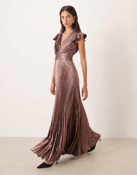 Maya Flutter sleeve v neck pleated maxi dress in rose gold - view 1