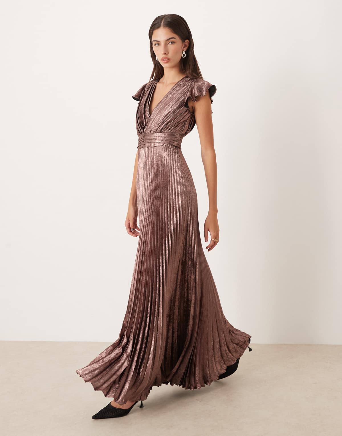 Maya Flutter sleeve v neck pleated maxi dress in rose gold