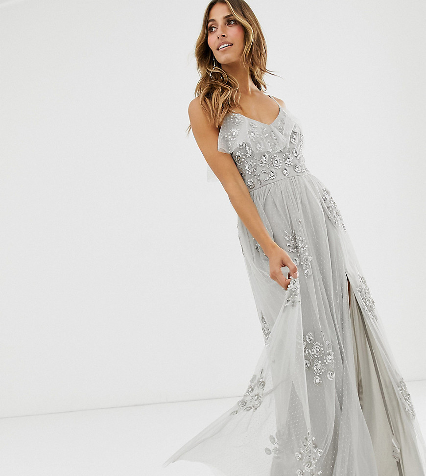 Maya frilly cami strap all over embellished dotty tulle maxi dress in grey