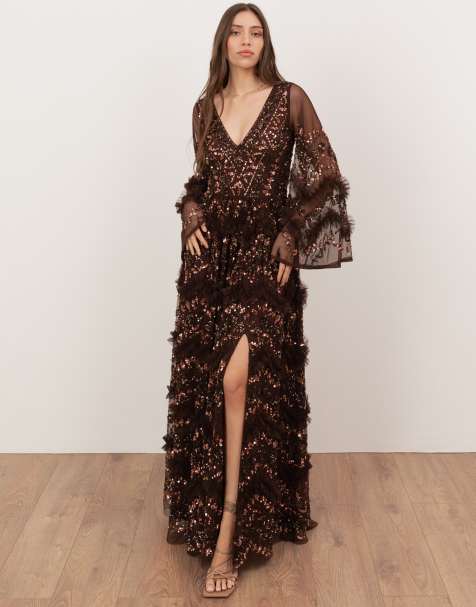 Maya Fully embellished frill maxi dres in chocolate