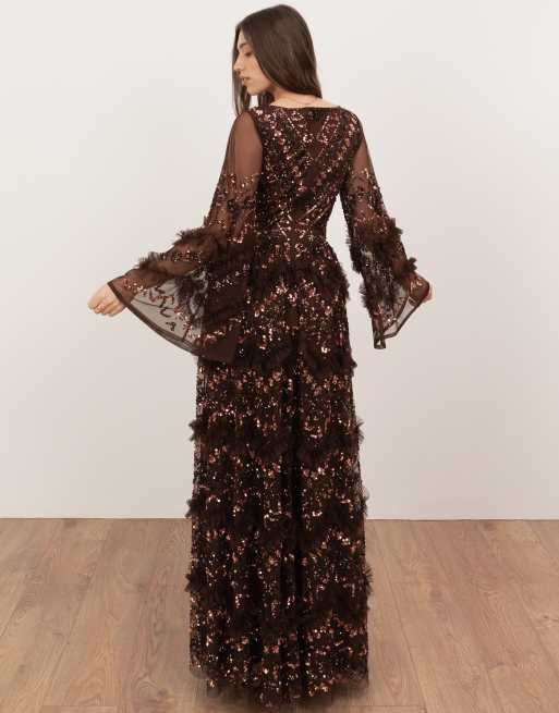 Maya Fully embellished frill maxi dres in chocolate, 3 of 4