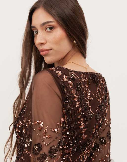 Maya Fully embellished frill maxi dres in chocolate, 4 of 4