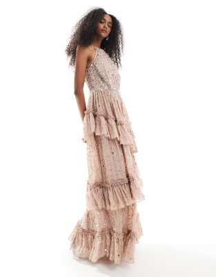 asos Maya Fully embellished halter neck maxi dress in beige