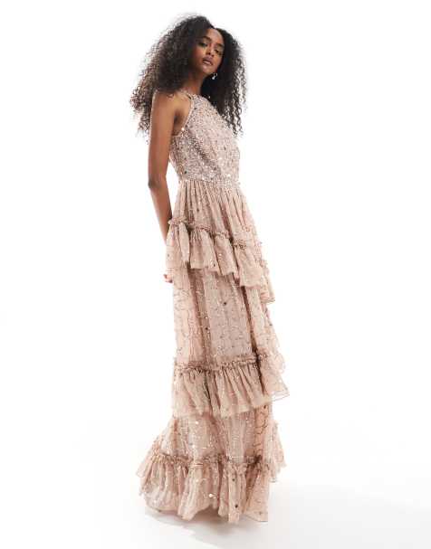 Maya Fully embellished halter neck maxi dress in beige