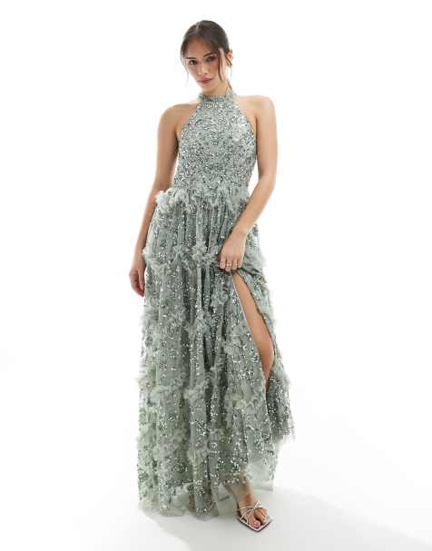 Maya Fully embellished halter neck maxi dress in sage green