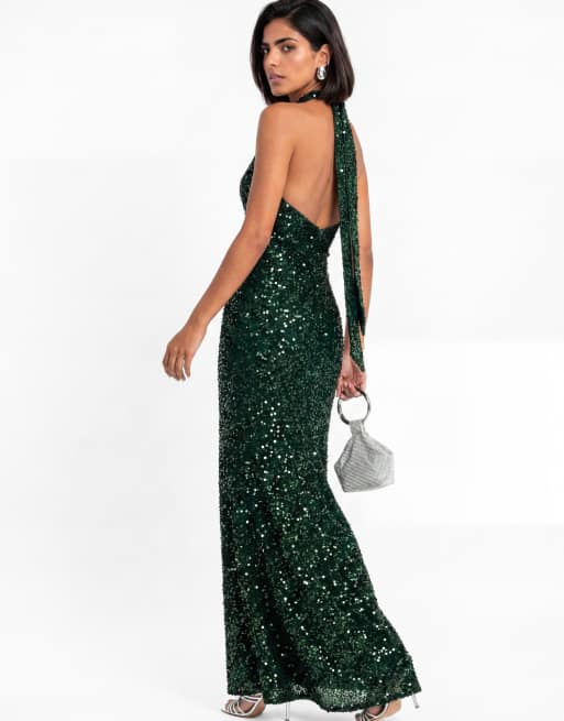 Maya Fully embellished halter neck velvet maxi dress in emerald, 2 of 5