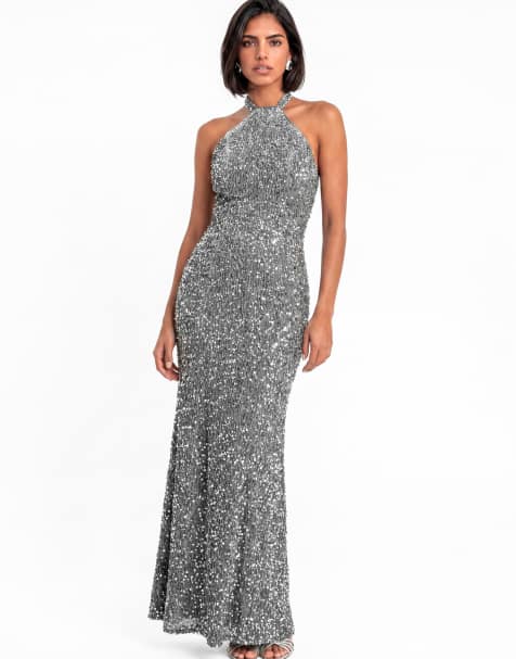 Maya Fully embellished halter neck velvet maxi dress in silver - view 1