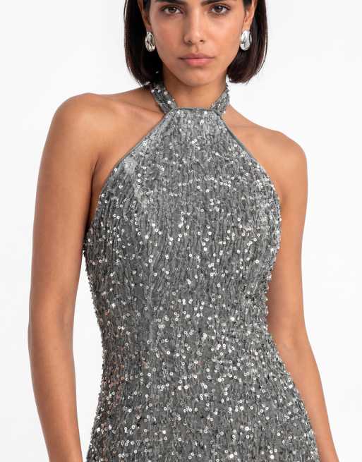 Maya Fully embellished halter neck velvet maxi dress in silver, 3 of 6