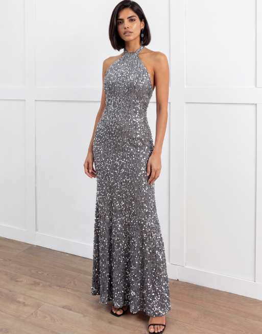 Maya Fully embellished halter neck velvet maxi dress in silver, 6 of 6