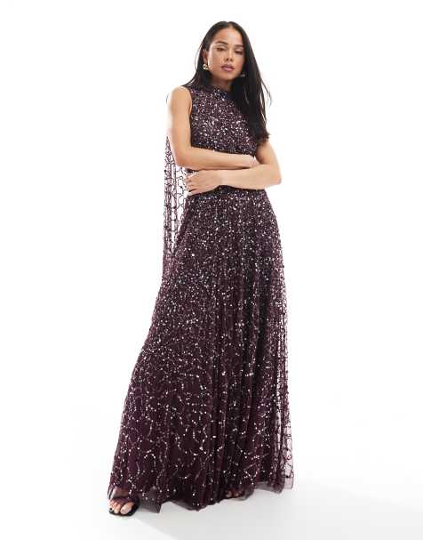 Maya Fully embellished high neck sleeveless maxi cape dress in berry