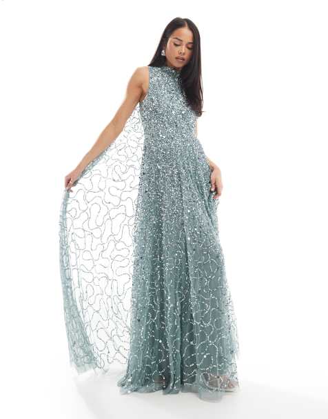 Maya Fully embellished high neck sleeveless maxi cape dress in misty green