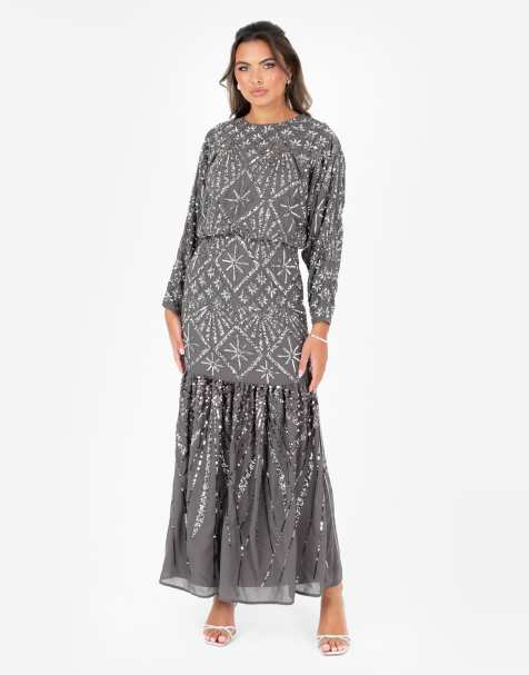Maya Fully embellished long sleeve maxi dress in charcoal - view 1
