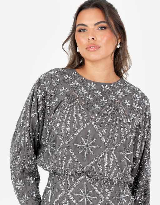 maya charcoal sequin dress Maya Sequin Wrap Vneck Front long Dress Gray Charcoal formal prom gala  wedding
