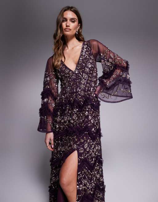 Maya Fully embellished maxi dress in plum, 4 of 4