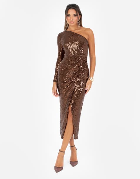 Maya Fully embellished one sleeve midaxi dress in chocolate - view 1