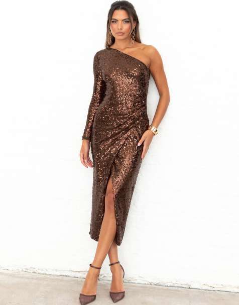 Maya Fully embellished one sleeve midaxi dress in chocolate
