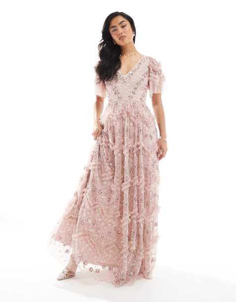 Maya Fully embellished short sleeve v neck ruffle maxi dress in frosted pink