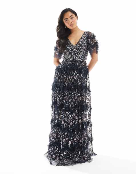 Maya Fully embellished short sleeve v neck ruffle maxi dress in navy