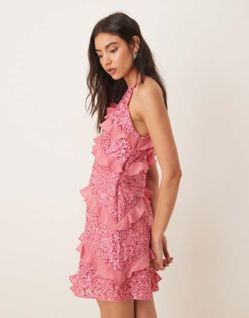 Maya - Fully - Robe courte à ornements avec encolure licou - Rose, 4 de 4
