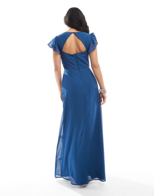 Maya - Geborduurde maxi jurk met korte mouwen uitsnijding aan de achterkant in blauw, 4 van 4