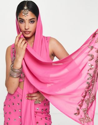 Maya geo embellished lehenga scarf in pink co-ord - ASOS Price Checker