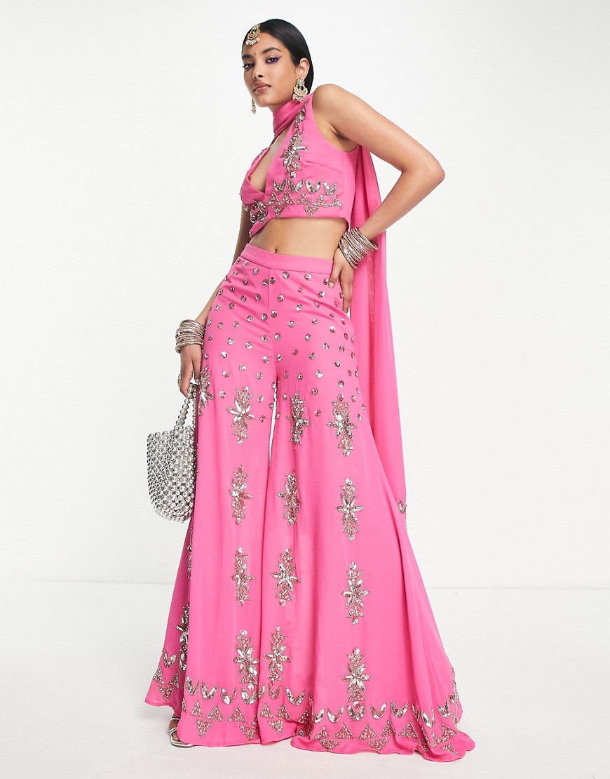 Maya Geo Embellished Sharara Trouser In Pink Co-Ord