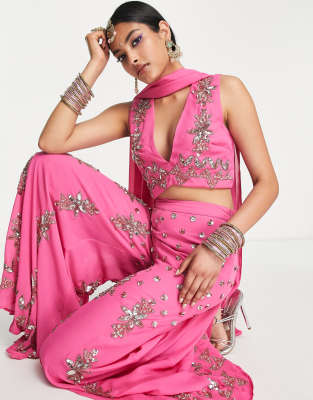 Maya Maya geo embellished v neck crop top in pink co-ord