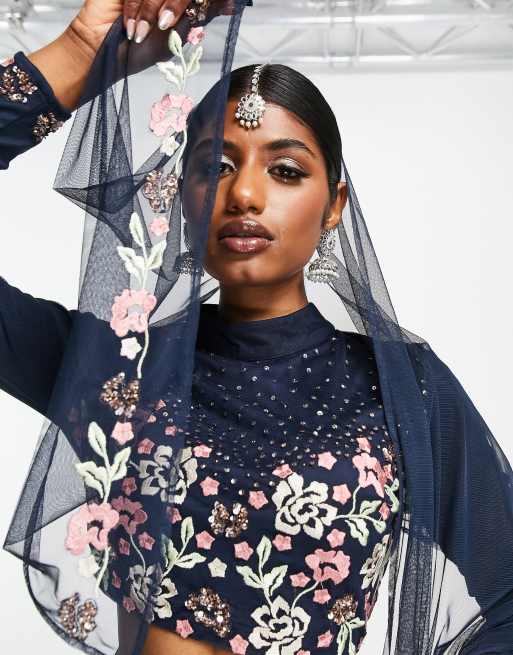Maya - Gladde lehenga dupatta met versieringen in marineblauw