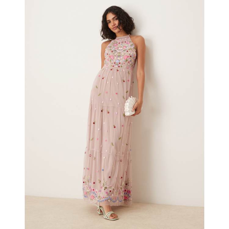 Maya Halter neck embroidered tie maxi dress in frosted pink | ASOS