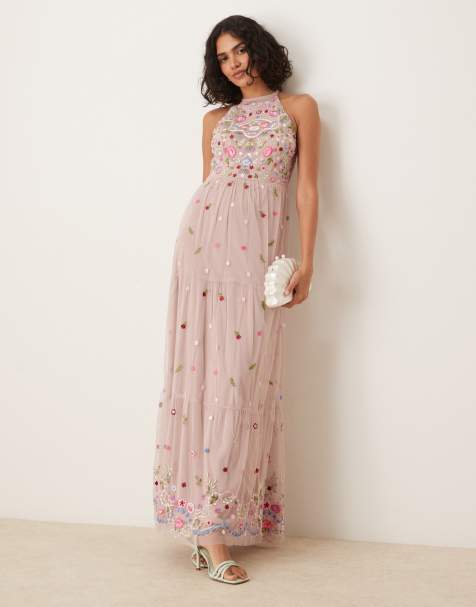 Maya Halter neck embroidered tie maxi dress in frosted pink