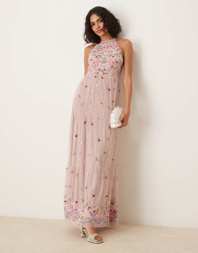 maya halter dress neck embroidered tie maxi in frosted pink Sage green