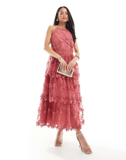 Maya Halter neck floral tiered midi dress in pink