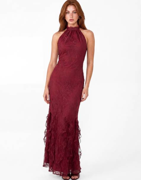 Maya Halter neck ruffle hem lace maxi dress in cranberry - view 1