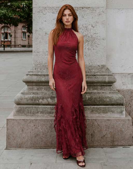 Maya Halter neck ruffle hem lace maxi dress in cranberry, 6 of 6