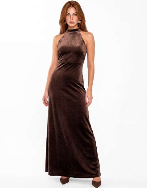 Maya Halter neck velvet maxi dress in chocolate - view 1