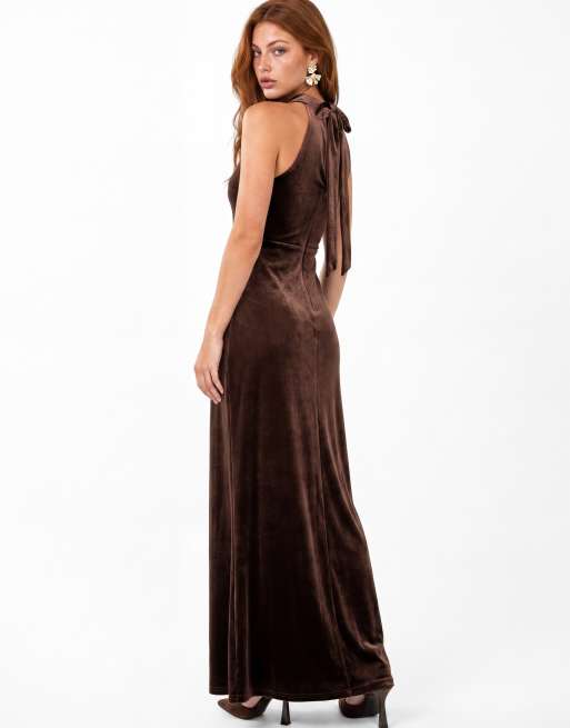 Maya Halter neck velvet maxi dress in chocolate, 2 of 7