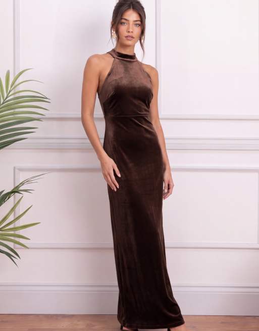 Maya Halter neck velvet maxi dress in chocolate, 6 of 7