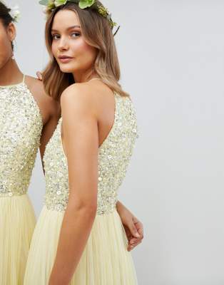 maya halterneck delicate sequin detail tulle maxi dress in lemon