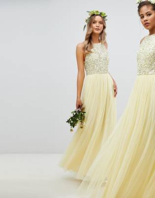 maya halterneck delicate sequin detail tulle maxi dress in lemon