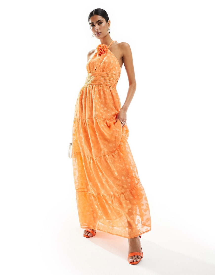 halterneck maxi dress with corsage detail in orange
