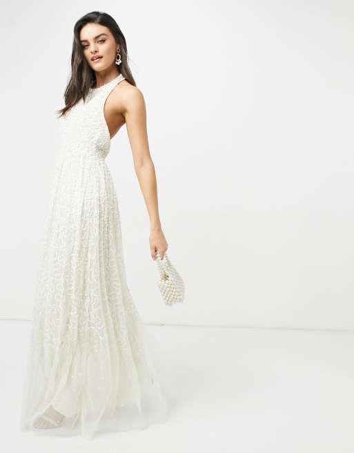 Maya halterneck open back all over sequin maxi dress in ecru