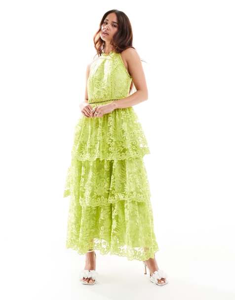Maya halterneck tiered lace midi dress in chartreuse - view 1