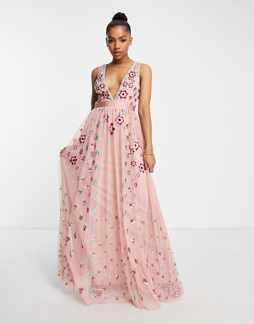 heart scatter embellished maxi dress in pink