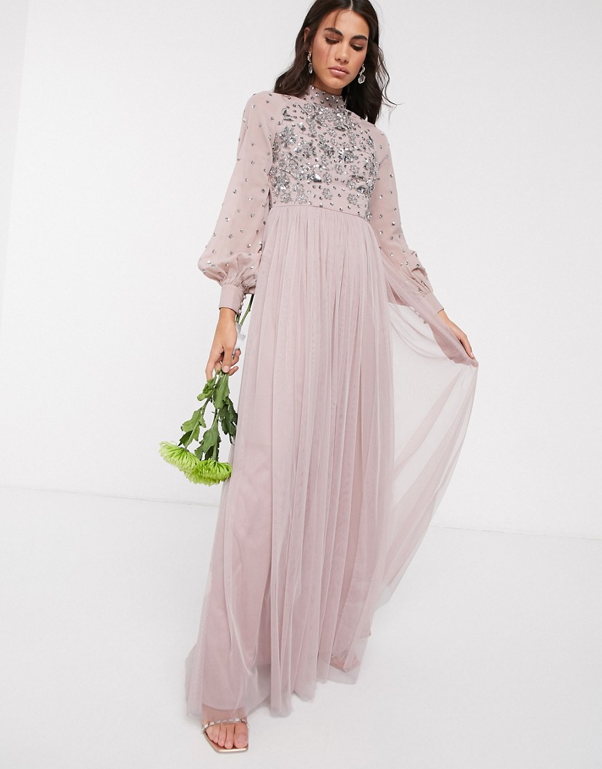 Maya high neck embellished maxi dress with bluson sleeve in pink